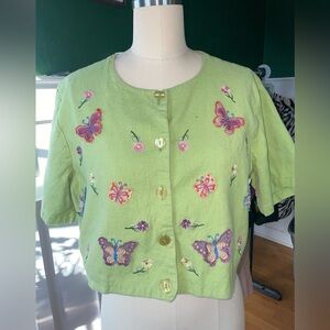 Green Button Down Shirt with Butterfly Embroidery